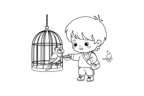 Boy Feeding Bird in Cage Flat Design Vec: Graphics & Illustrations