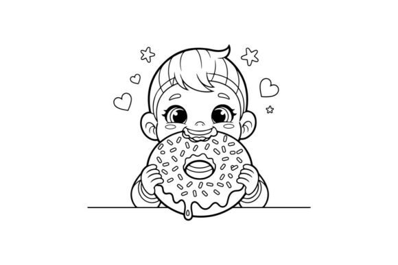 Cute Baby Eating Donut with Hearts Graphics & Illustrations