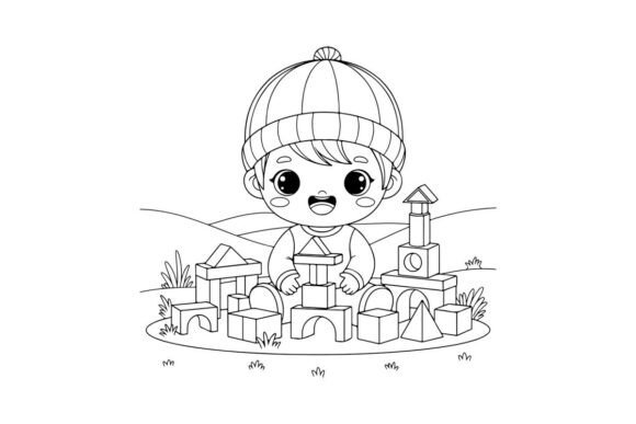 Cute Baby Playing with Wooden Blocks Graphics & Illustrations