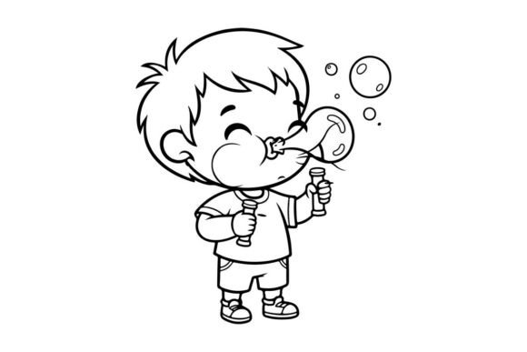 Cute Boy Blowing Bubbles Playful Cartoon Graphics & Illustrations