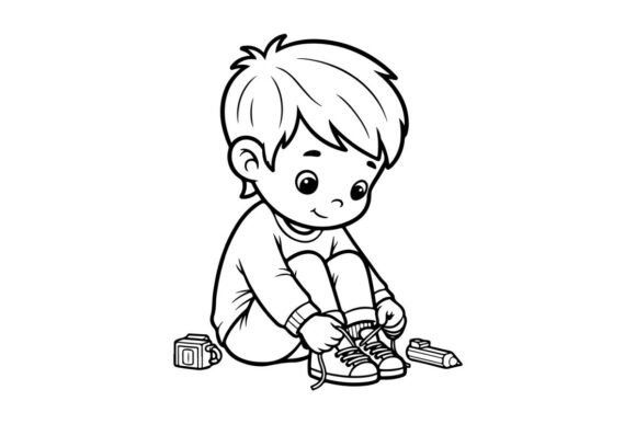 Cute Boy Tying Shoelaces Vector Illustra