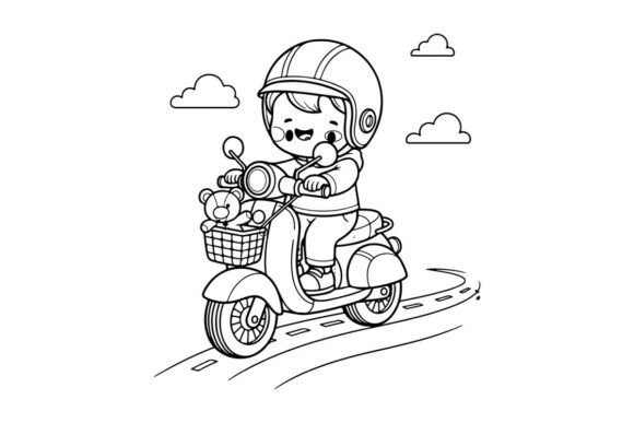 Cute Child Riding Scooter with Teddy Vec: Graphic Illustration