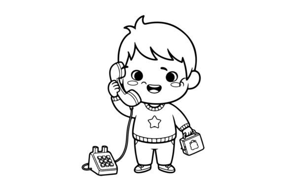 Cute Child Talking on Retro Phone Vector Graphics