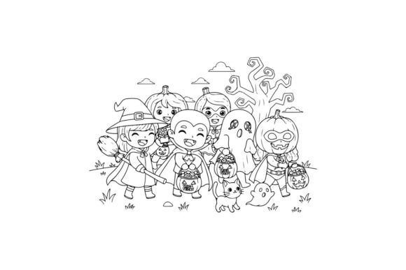 Halloween Trick or Treat Kids Group Vect: Graphics & Illustrations