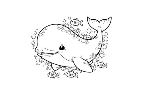 Happy Whale with Fish Friends: Graphics & Illustrations
