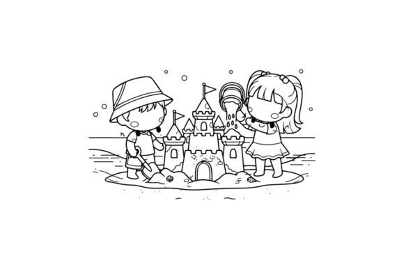 Kids Building Sandcastle Beach Fun Flat: Graphics & Illustrations